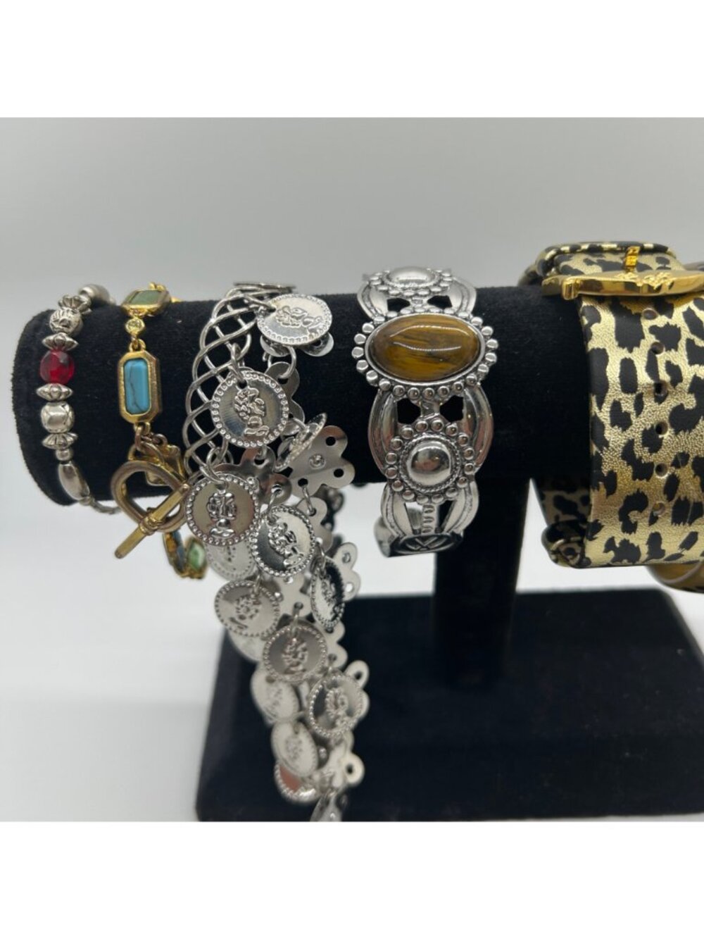 Bohemian Braceley Lot Vintage Silver tone Coin Faux Tiger Eye Leopard Bangle - Picture 9 of 16